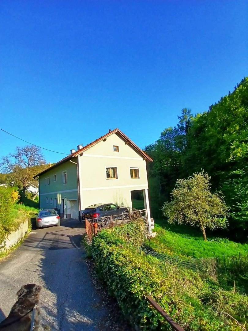 Haus mit heller Fassade und Zufahrt, umgeben von grünen Bäumen und Sträuchern an einem sonnigen Tag.