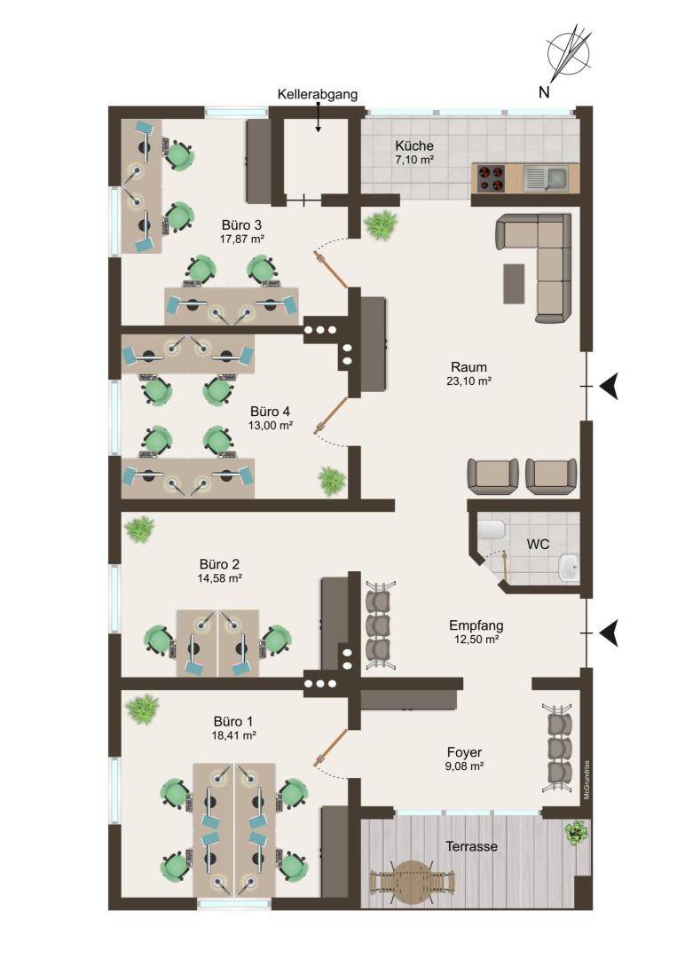 Detaillierter Grundriss einer Büroetage mit mehreren Büros, Empfang, Küche und Terrasse.