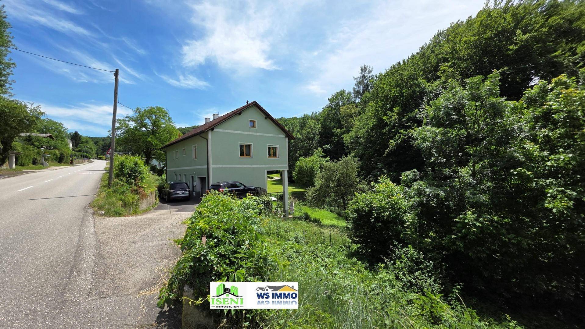 Grünes Haus an einer Landstraße, umgeben von üppiger Vegetation und Bäumen unter blauem Himmel.