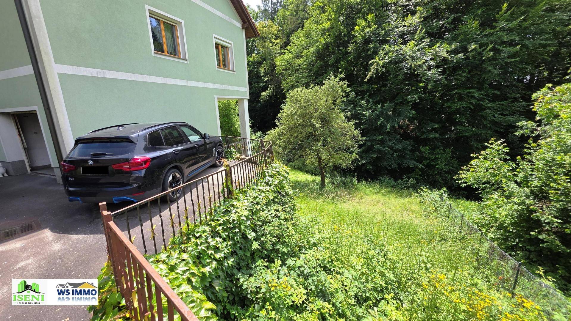 Seitenansicht des grünen Hauses mit Auffahrt und angrenzendem bewaldeten Hang.