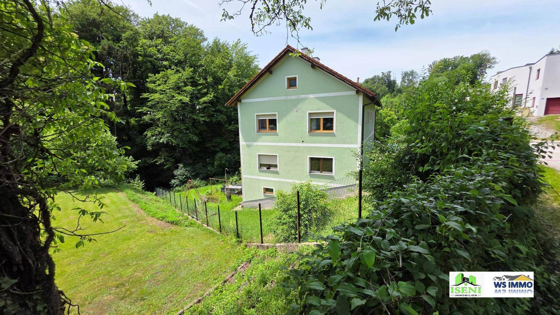 Grünes Haus von der Seite, umgeben von Wald und einem gepflegten Gartenbereich.
