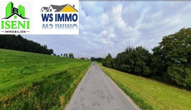 Schmale Straße umgeben von grünen Wiesen und Bäumen unter einem bewölkten Himmel.