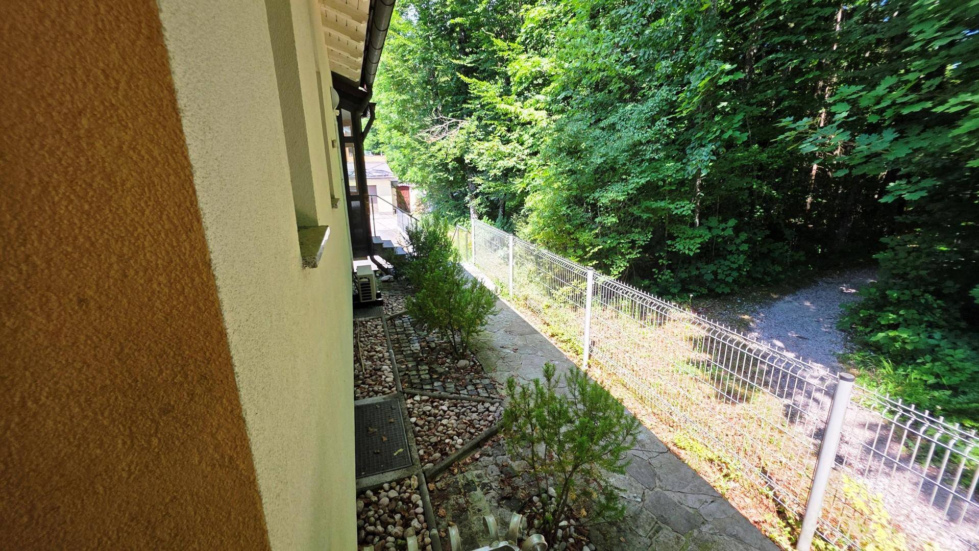 Seitenansicht des Hauses mit einem schmalen Kiesweg und Zaun, angrenzend an einen Wald.