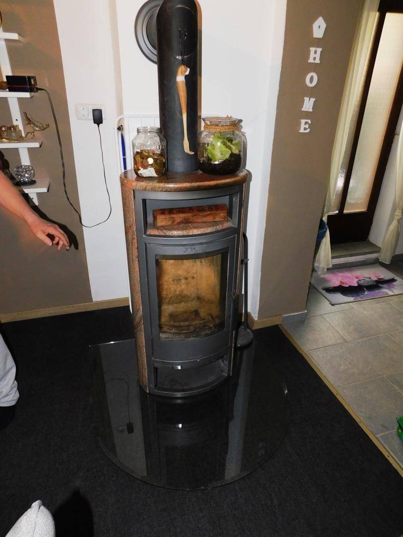 Freistehender Holzofen mit Glasplatte auf dunklem Teppichboden, sorgt für eine gemütliche Wärme.