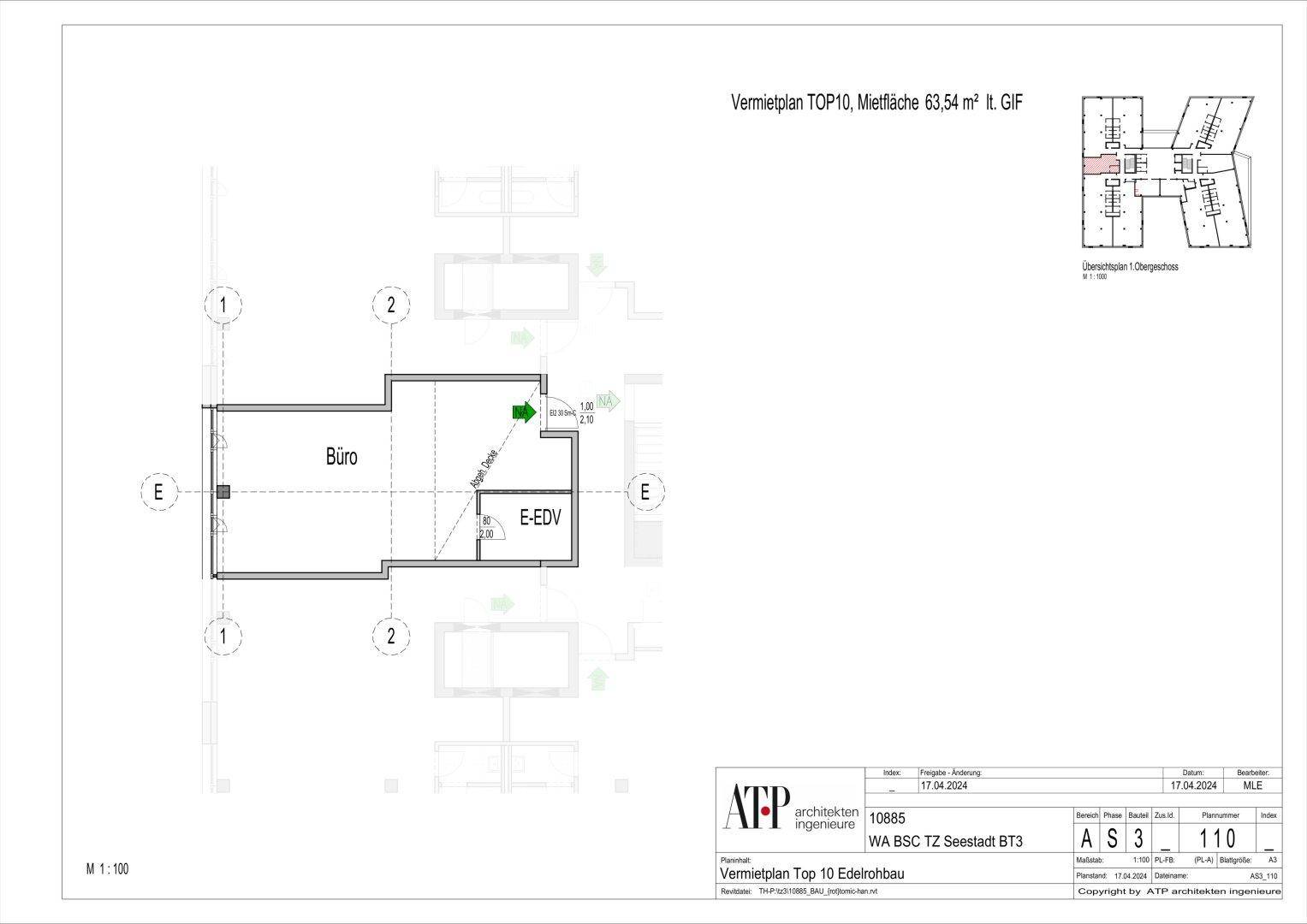 Grundrissplan für ein Büro mit 63,54 m² Mietfläche, inklusive separatem EDV-Raum.