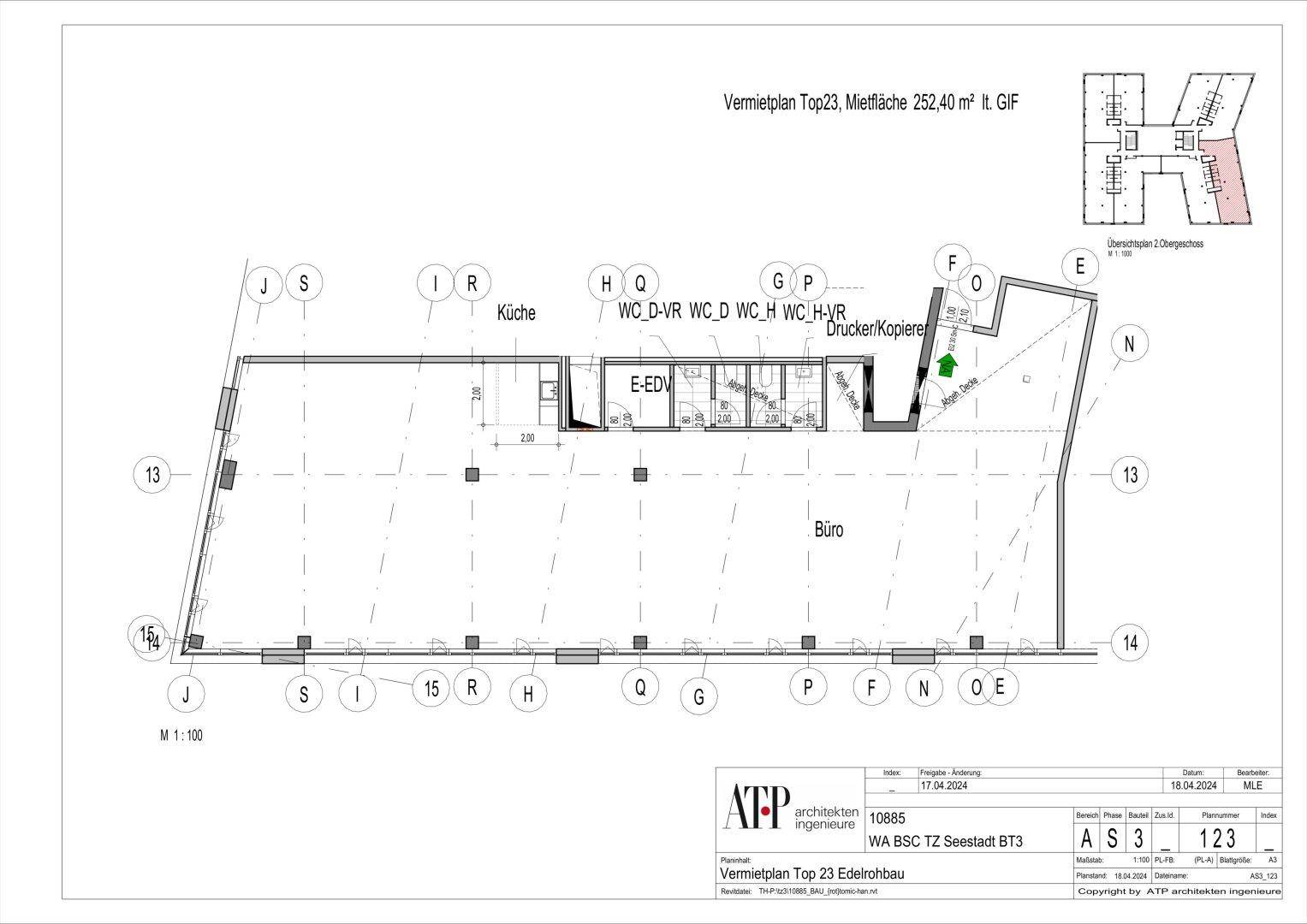 Detaillierter Vermietungsplan für ein Bürogeschoss mit 252,40 m² Mietfläche und Küchenzeile.