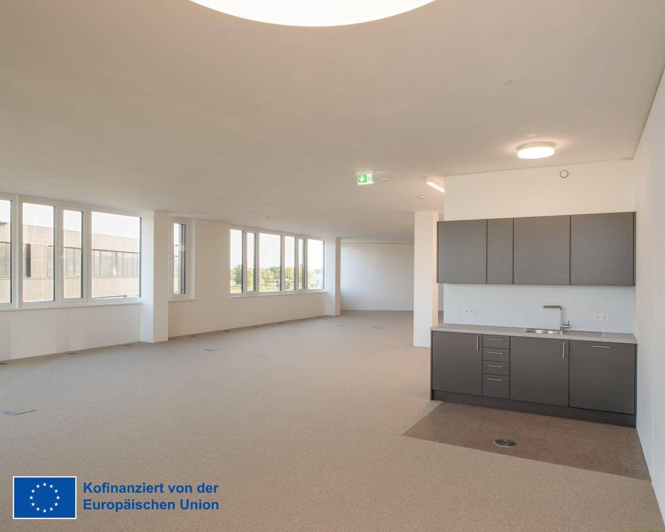 Moderner Büroraum mit integrierter grauer Küchenzeile, Teppichboden und großen Fenstern für viel Licht.