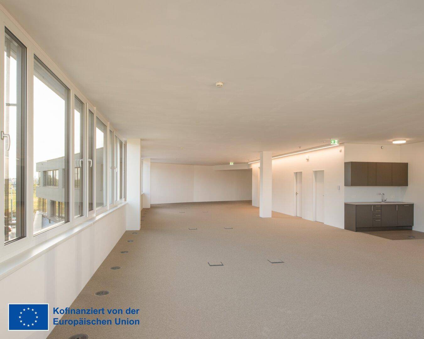 Weitläufiger Büroraum mit durchgehender Fensterfront, Teppichboden und integrierter Küchenzeile im Hintergrund.