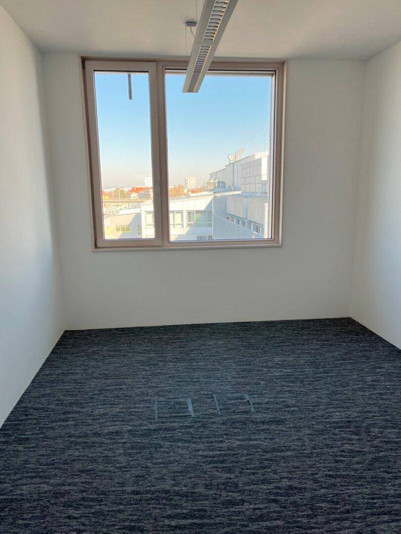 Kleiner, heller Büroraum mit Teppichboden und einem großen Fenster, das einen Blick nach draußen bietet.