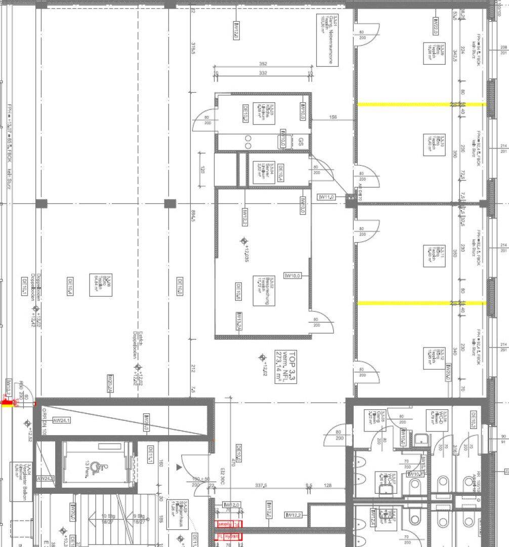 Detaillierter Grundriss einer Büroetage mit mehreren Räumen und Sanitäranlagen, Gesamtfläche 225,4 m².