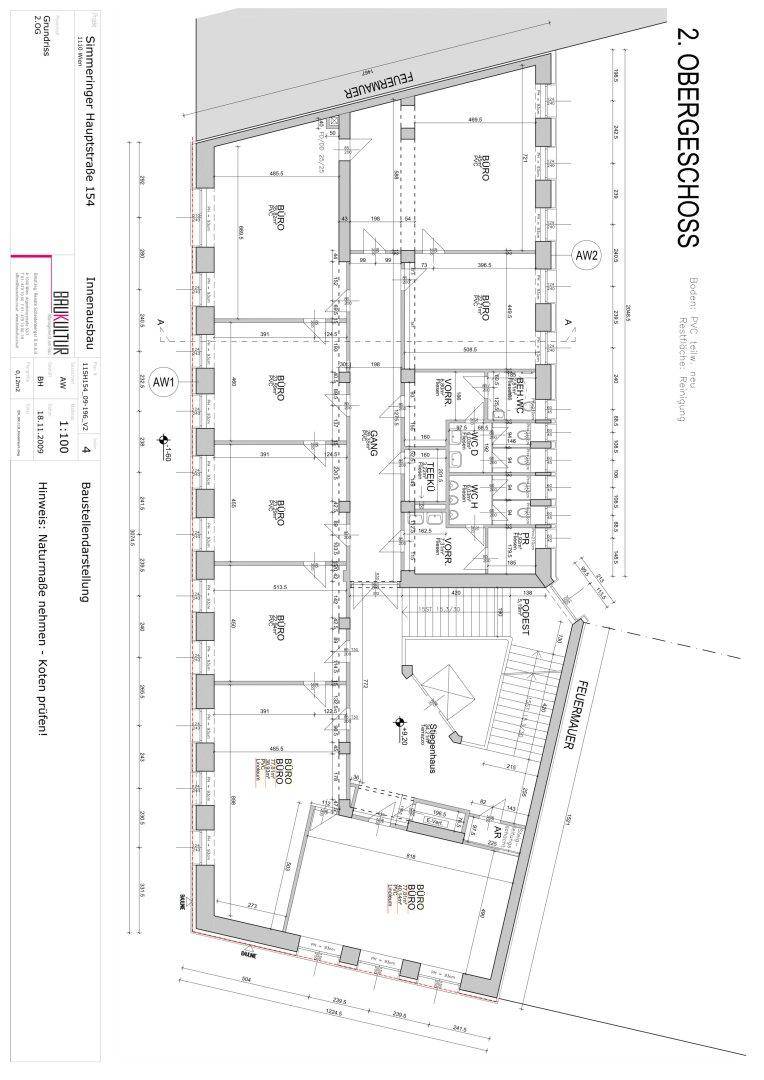 Grundriss des zweiten Obergeschosses mit Büroeinheiten, Fluren und Sanitärbereichen.