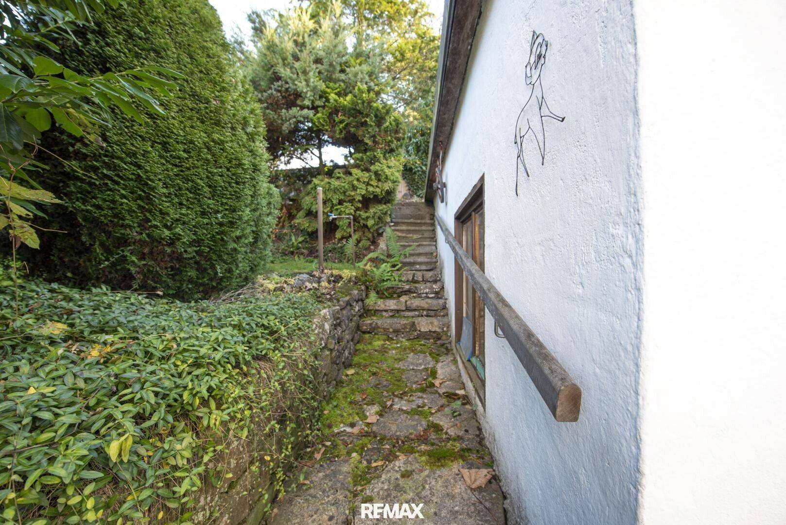 Steinweg mit Treppe und üppiger Vegetation entlang der Hauswand.