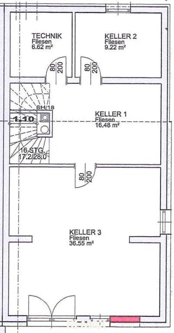 Grundriss des Kellergeschosses mit Technikraum und mehreren Abstellräumen.