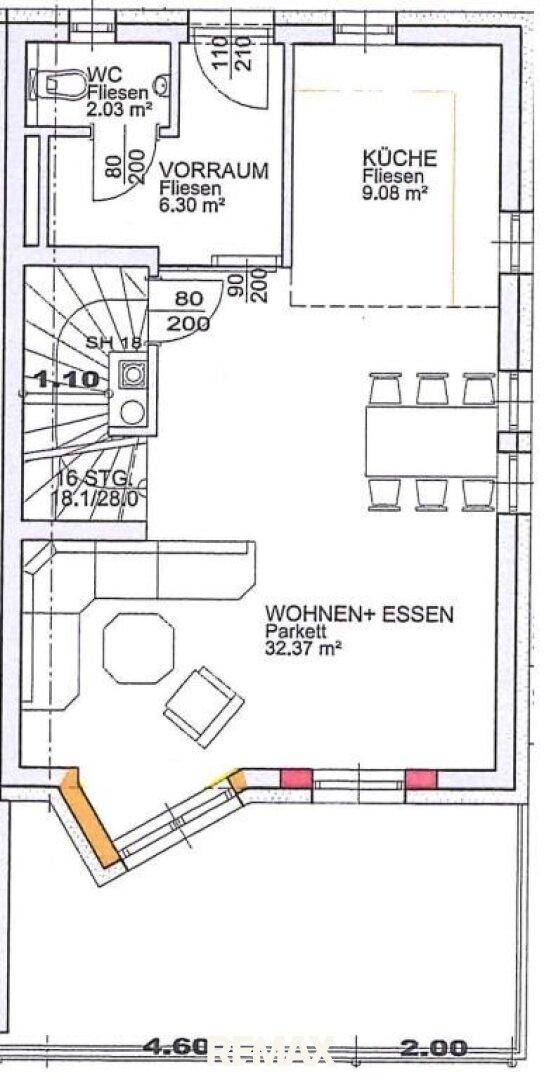 Grundriss des Erdgeschosses mit offenem Wohn-Essbereich, separater Küche und Gäste-WC.