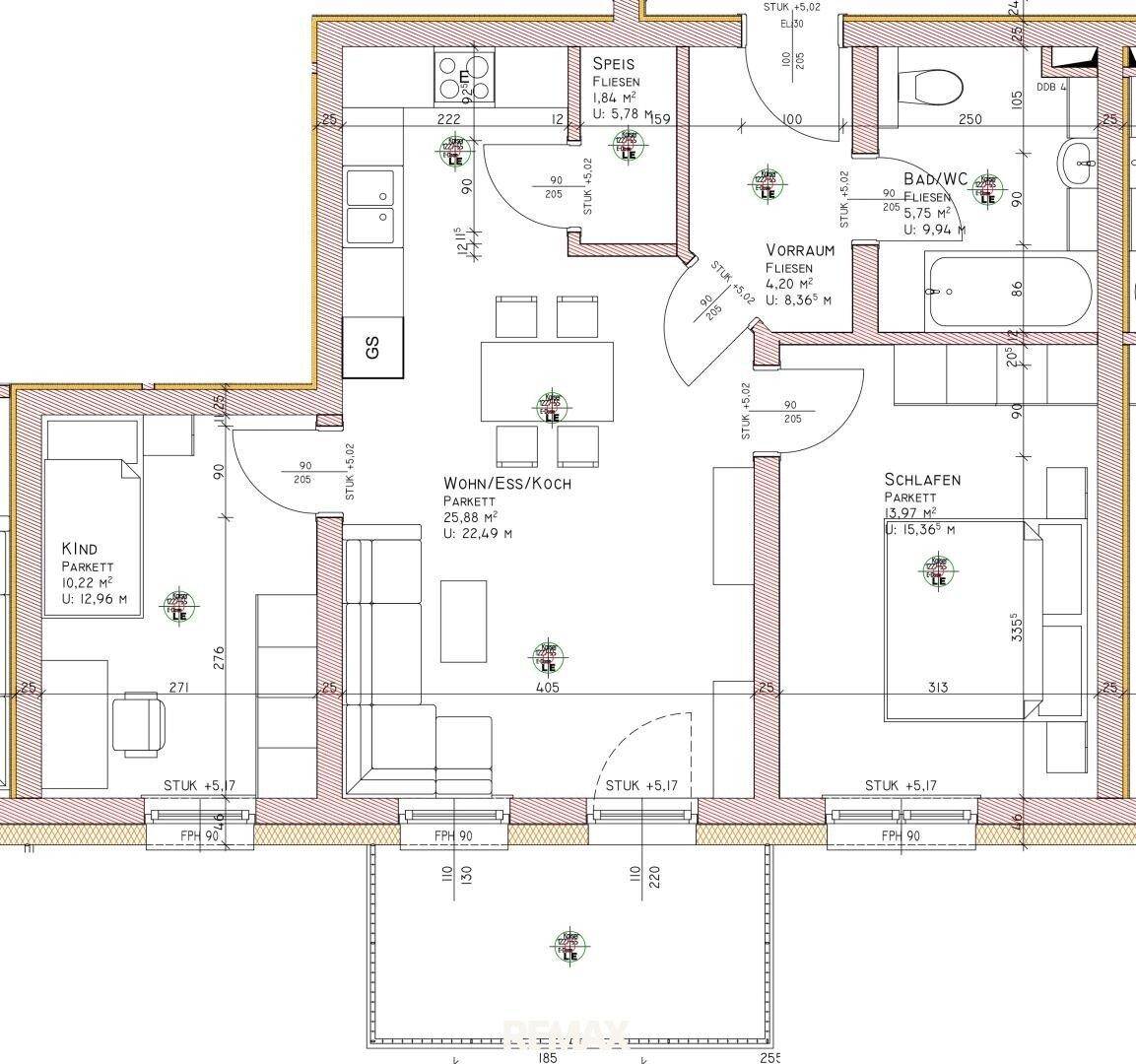 Grundriss einer Wohnung mit offenem Wohn-/Ess-/Kochbereich, zwei Schlafzimmern und Balkon.