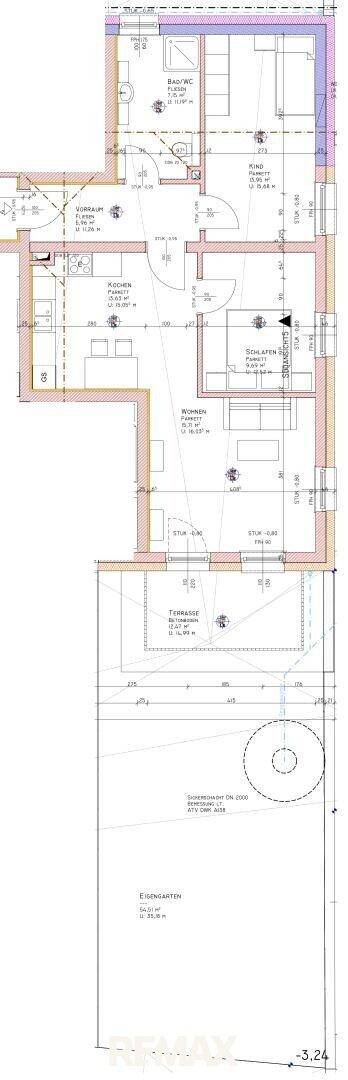 Detaillierter Grundriss einer Erdgeschosswohnung mit Terrasse und privatem Gartenbereich.