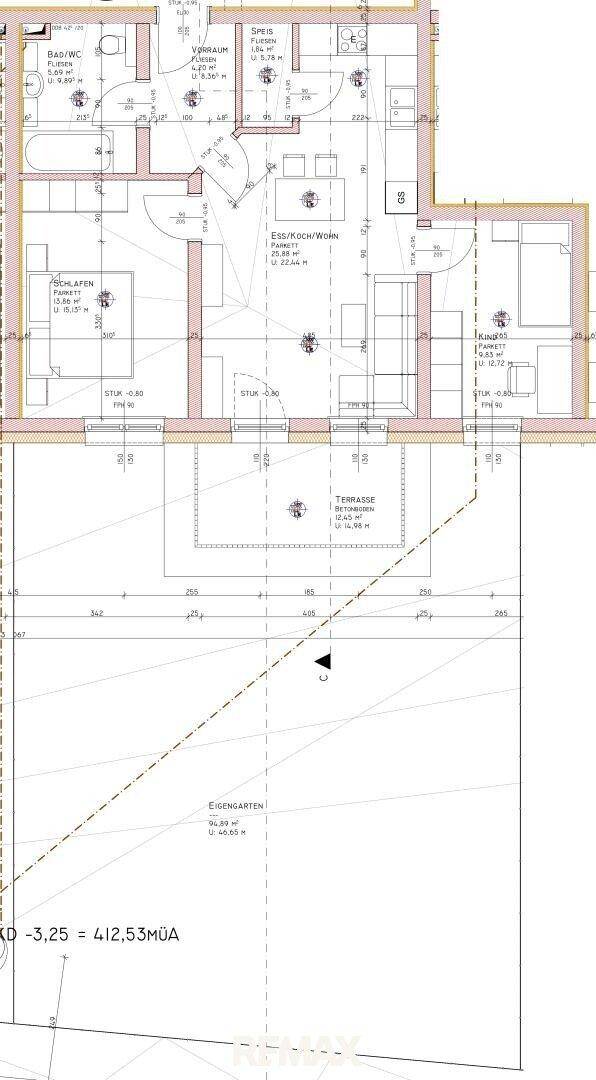 Grundriss einer Wohnung mit offenem Wohnbereich, Terrasse und Eigengarten.