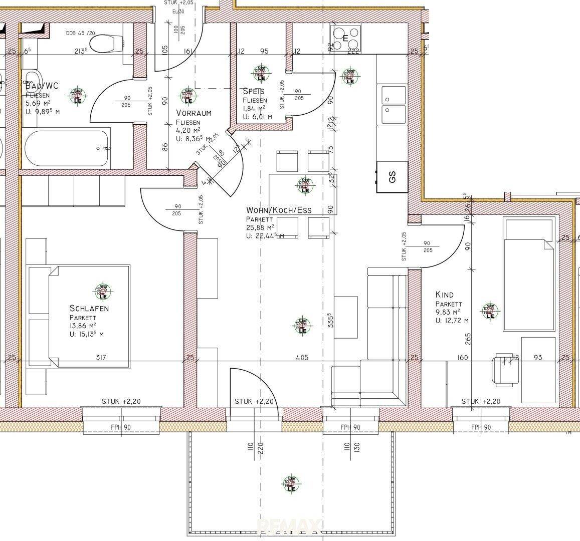 Detaillierter Grundriss einer Wohnung mit offenem Wohn-/Koch-/Essbereich und Balkon.