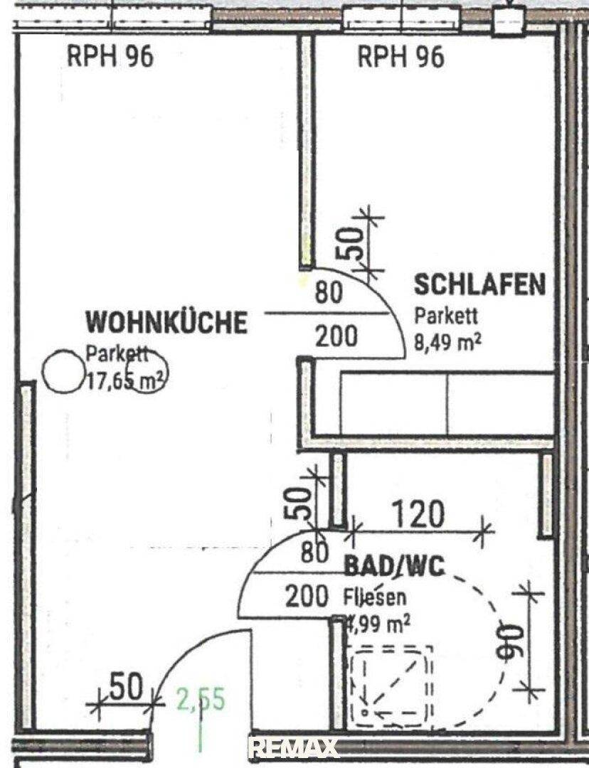 Grundriss einer Wohnung mit offener Wohnküche, Schlafzimmer und Bad/WC.