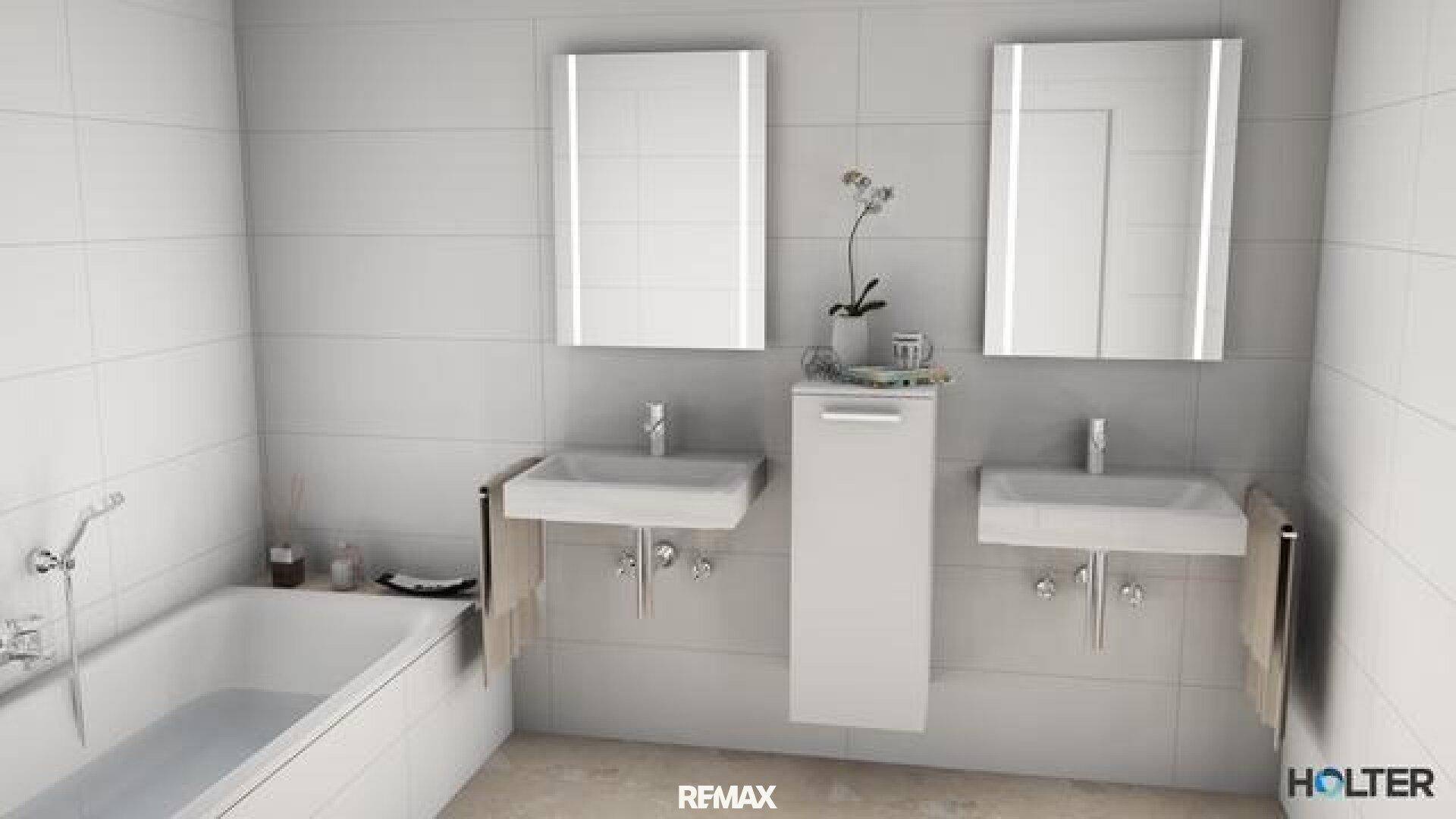 Modernes Badezimmer mit weißen Fliesen, zwei Waschbecken und einer Badewanne.