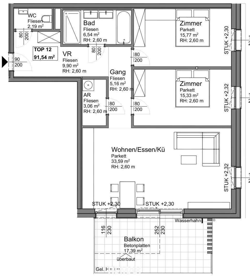 Detaillierter Grundriss einer Wohnung mit offenem Wohnbereich, zwei Schlafzimmern und Balkon.