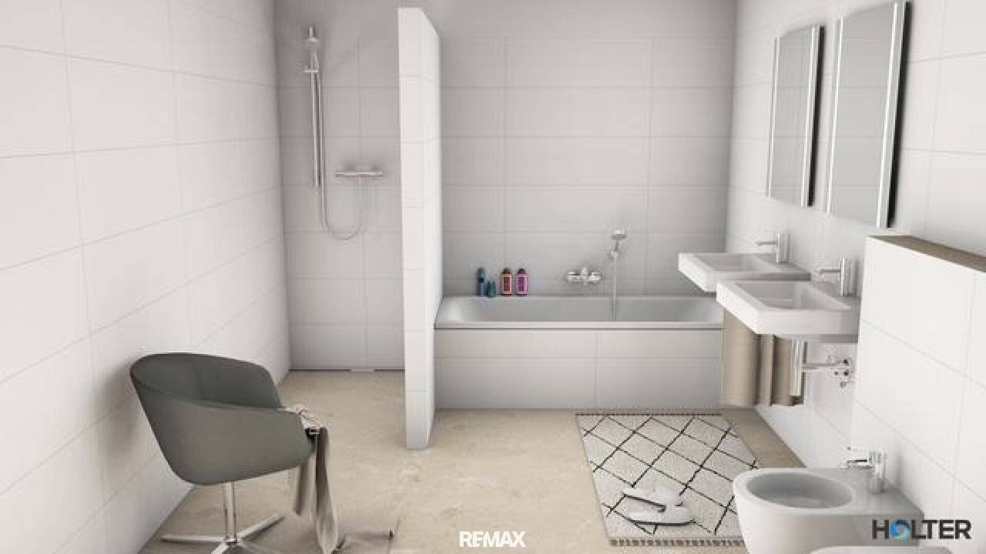 Modernes Badezimmer mit weißen Fliesen, Badewanne, Dusche, Doppelwaschbecken und Bidet.