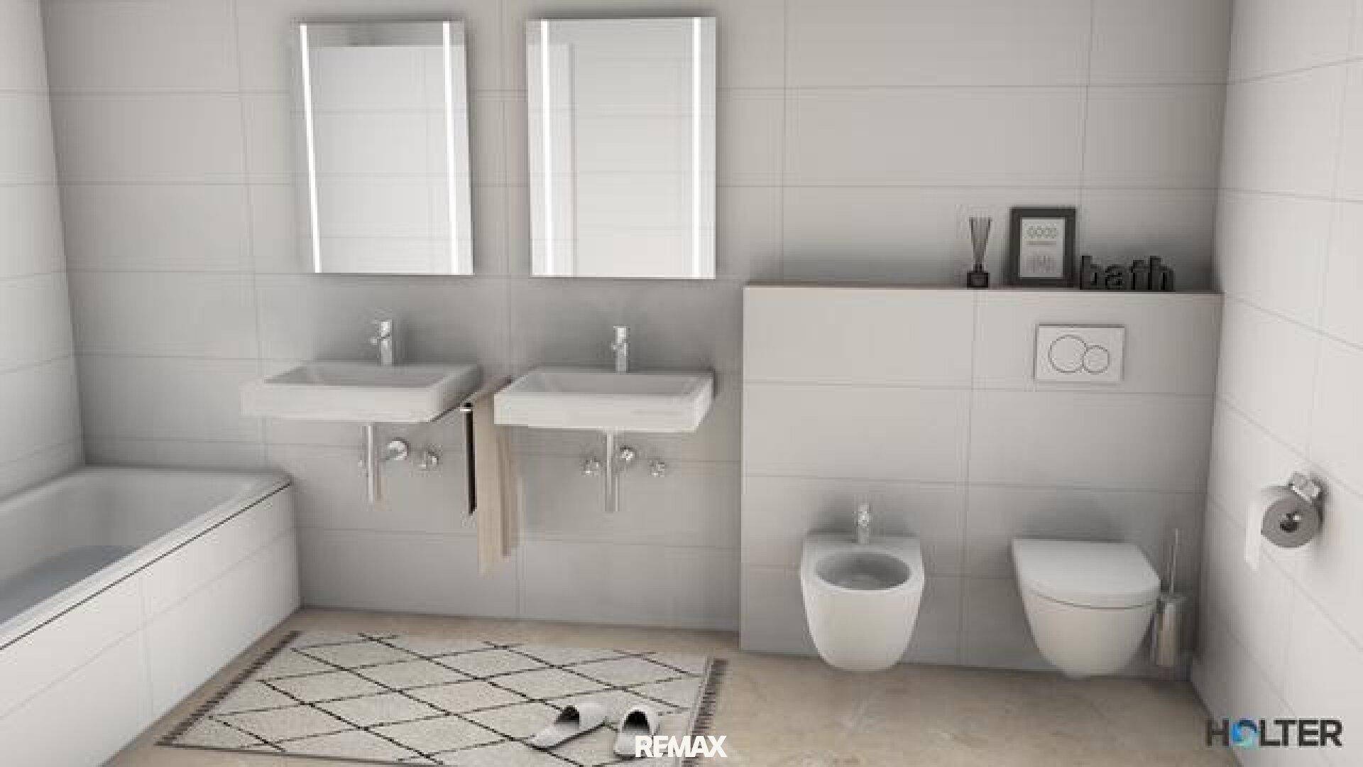 Helles Badezimmer mit Doppelwaschbecken, wandhängendem WC, Bidet und Badewanne.