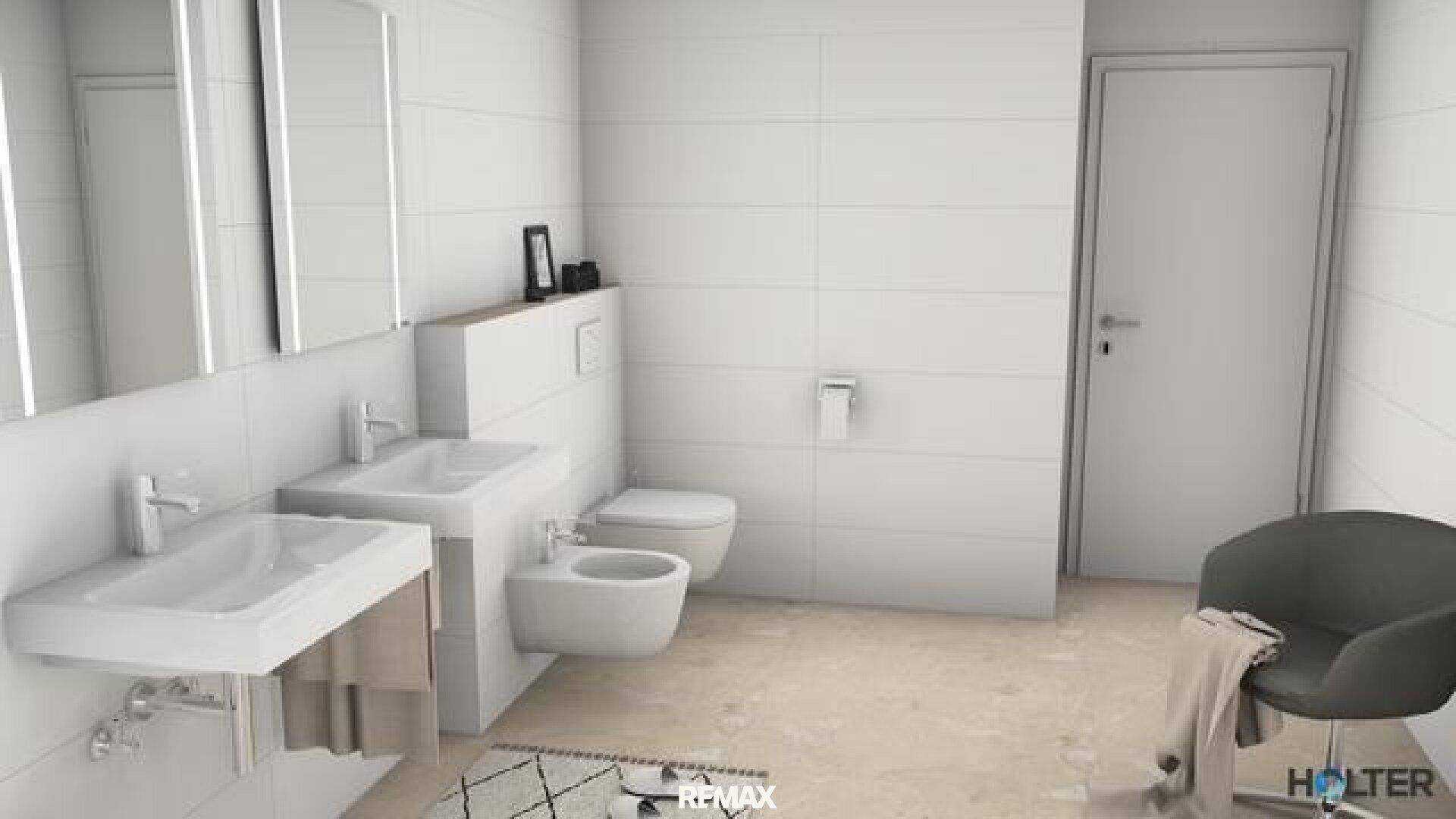Geräumiges Badezimmer mit Doppelwaschbecken, wandhängendem WC, Bidet und moderner Einrichtung.