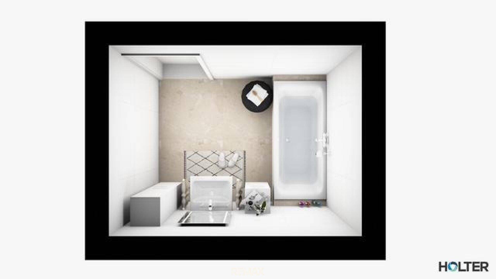 Kompaktes Badezimmer mit Badewanne, Waschbecken und hellen Fliesen in minimalistischem Design.