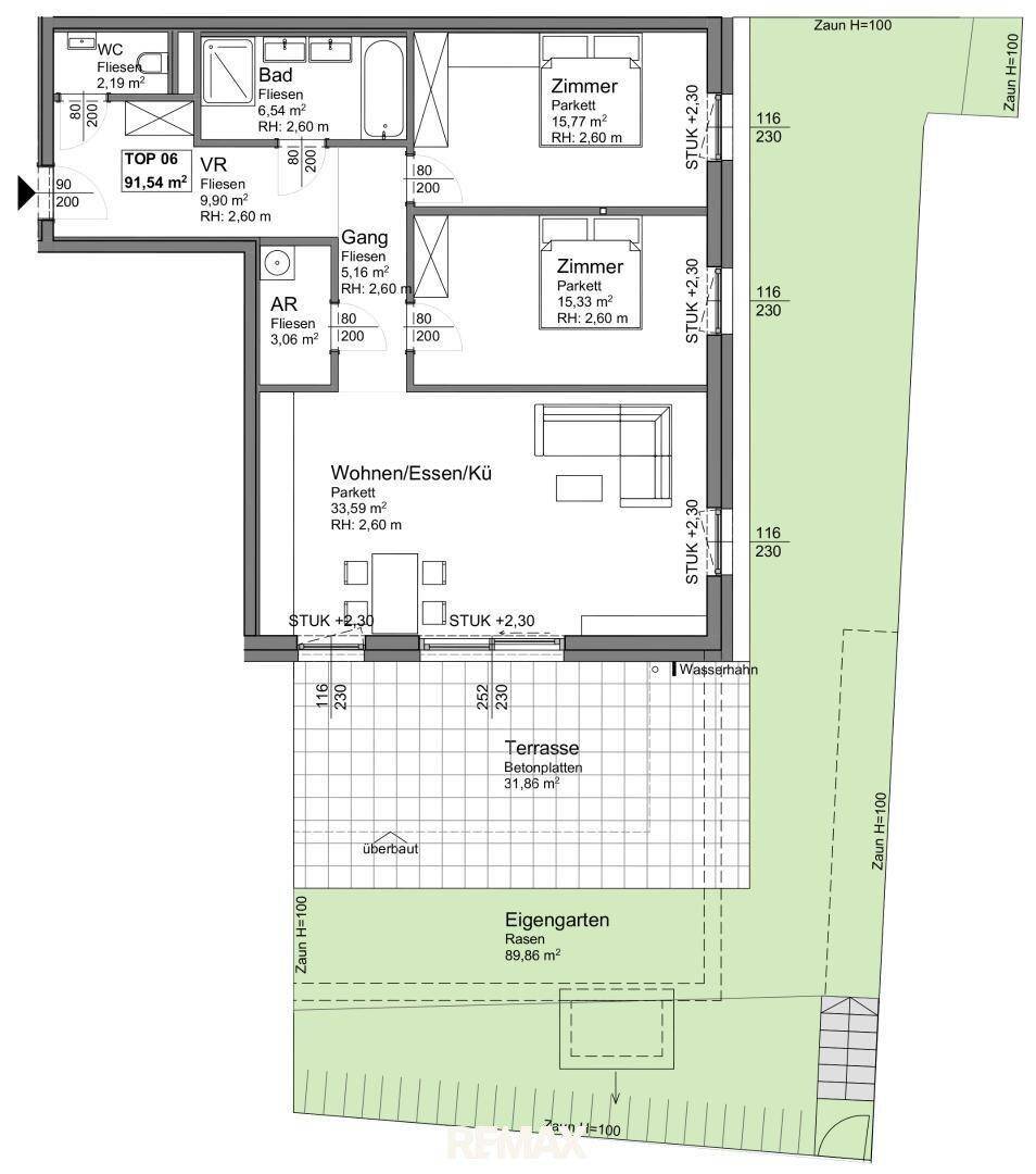 Detaillierter Grundriss einer Wohnung mit Terrasse und privatem Gartenbereich.