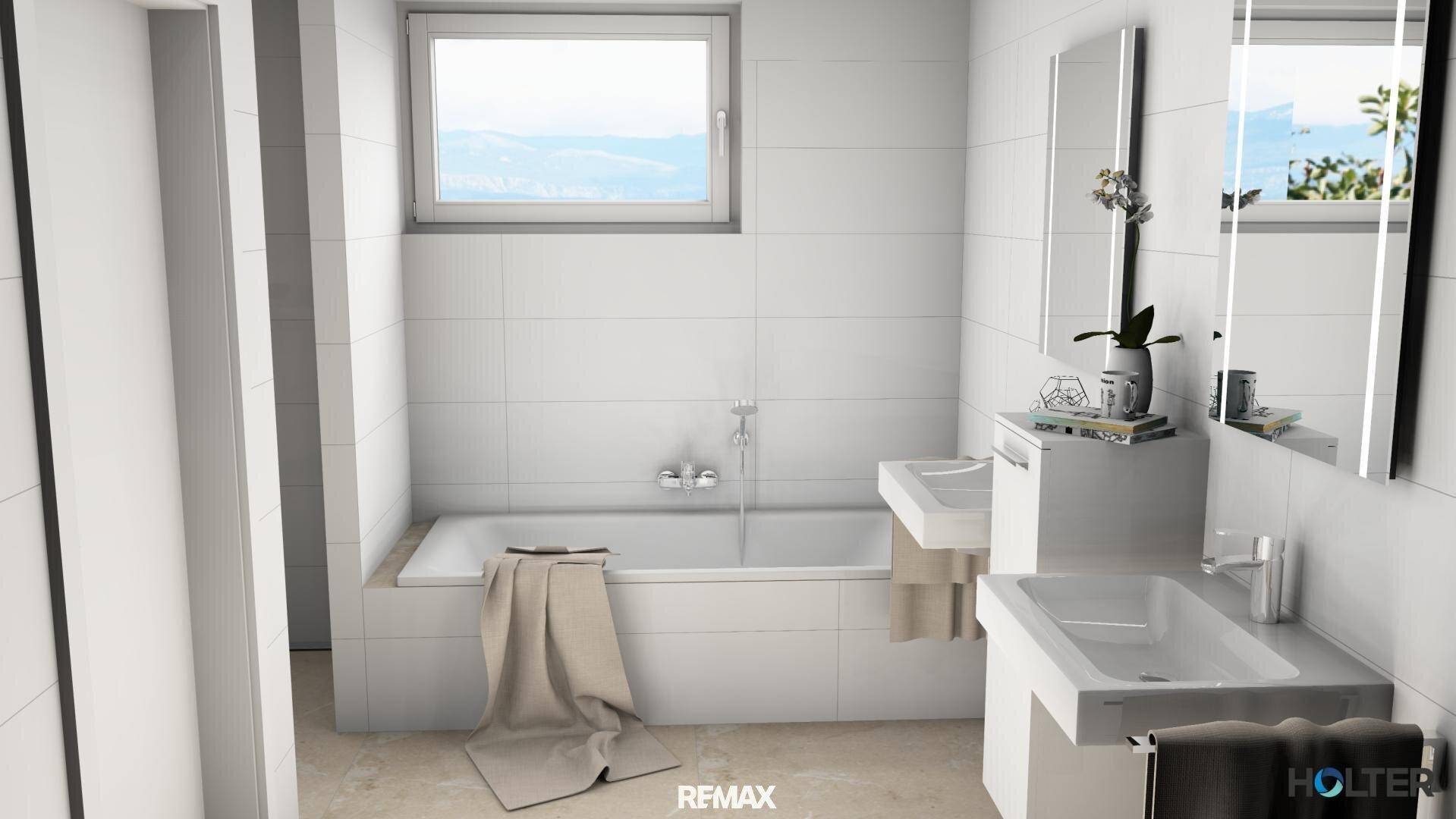 Modernes Badezimmer mit weißen Fliesen, Badewanne, Doppelwaschbecken und Fenster mit Weitblick.