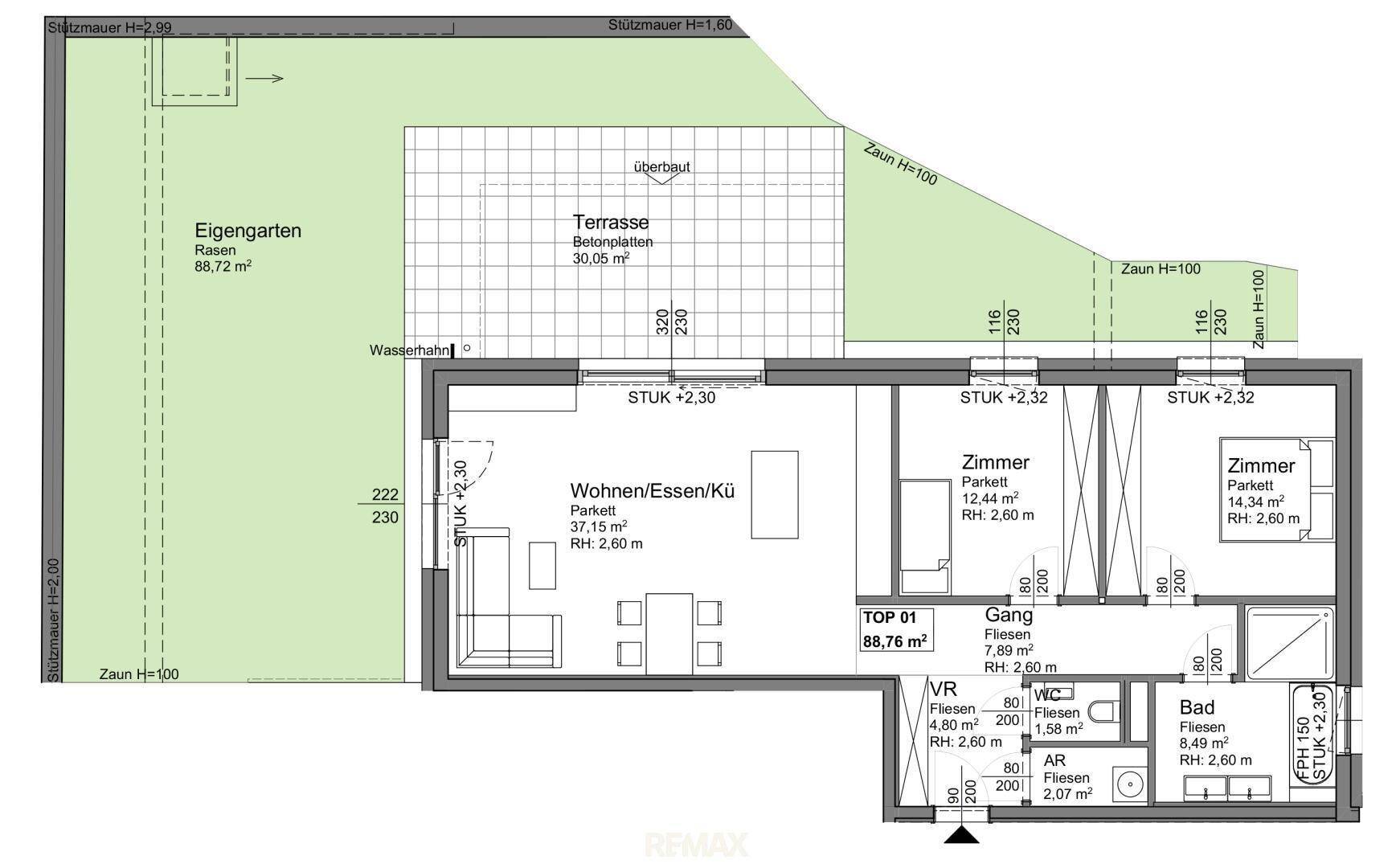 Grundriss einer Wohnung mit offenem Wohn-Essbereich, zwei Schlafzimmern, Terrasse und eigenem Garten.