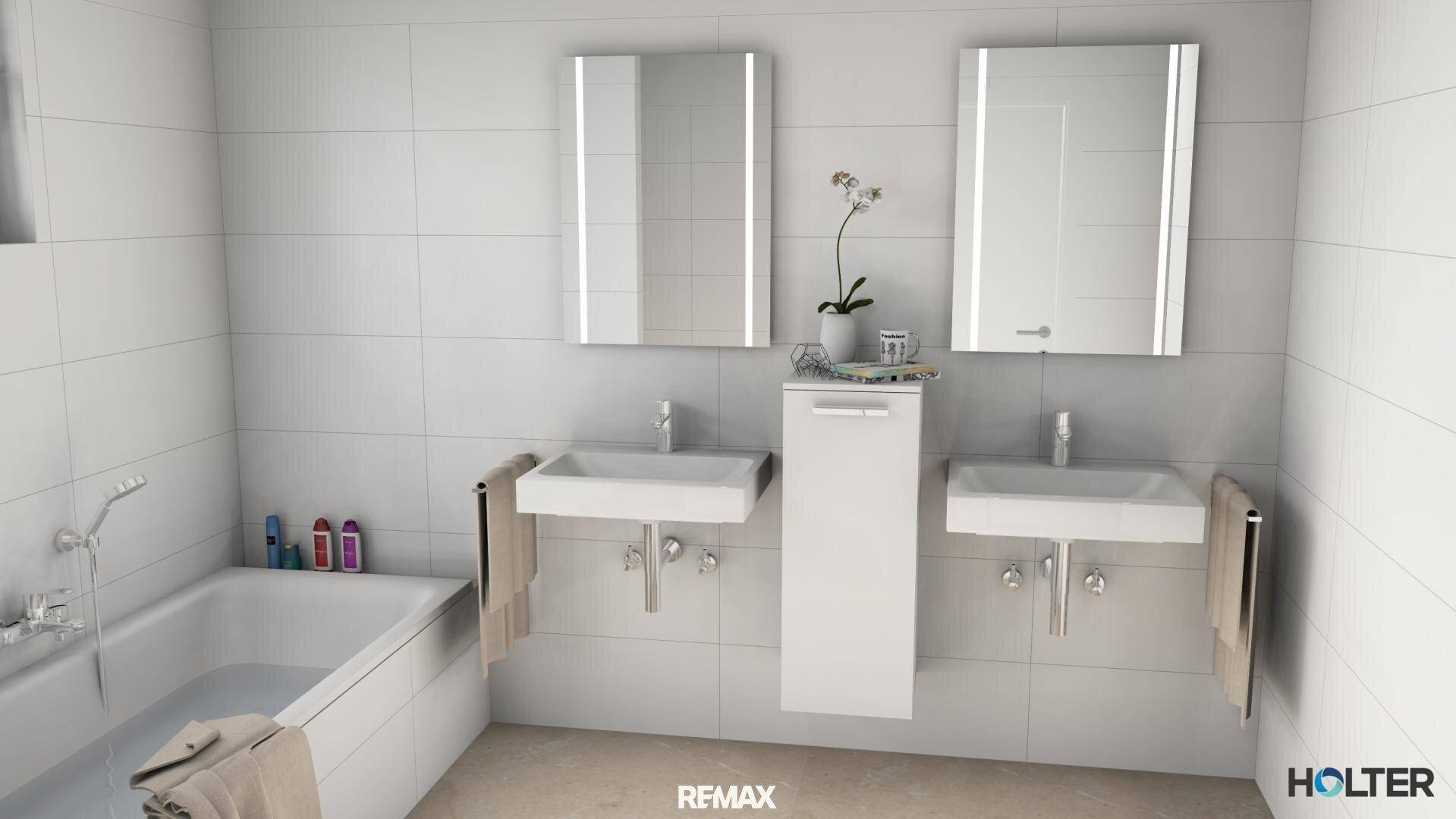 Zeitgemäßes Badezimmer mit Badewanne, zwei Waschbecken und beleuchteten Spiegelschränken an der Wand.