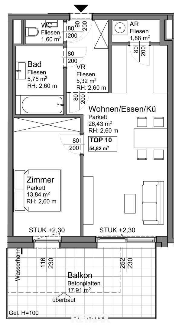 Grundriss einer Wohnung mit offenem Wohn-/Essbereich, Schlafzimmer, Bad und Balkon.