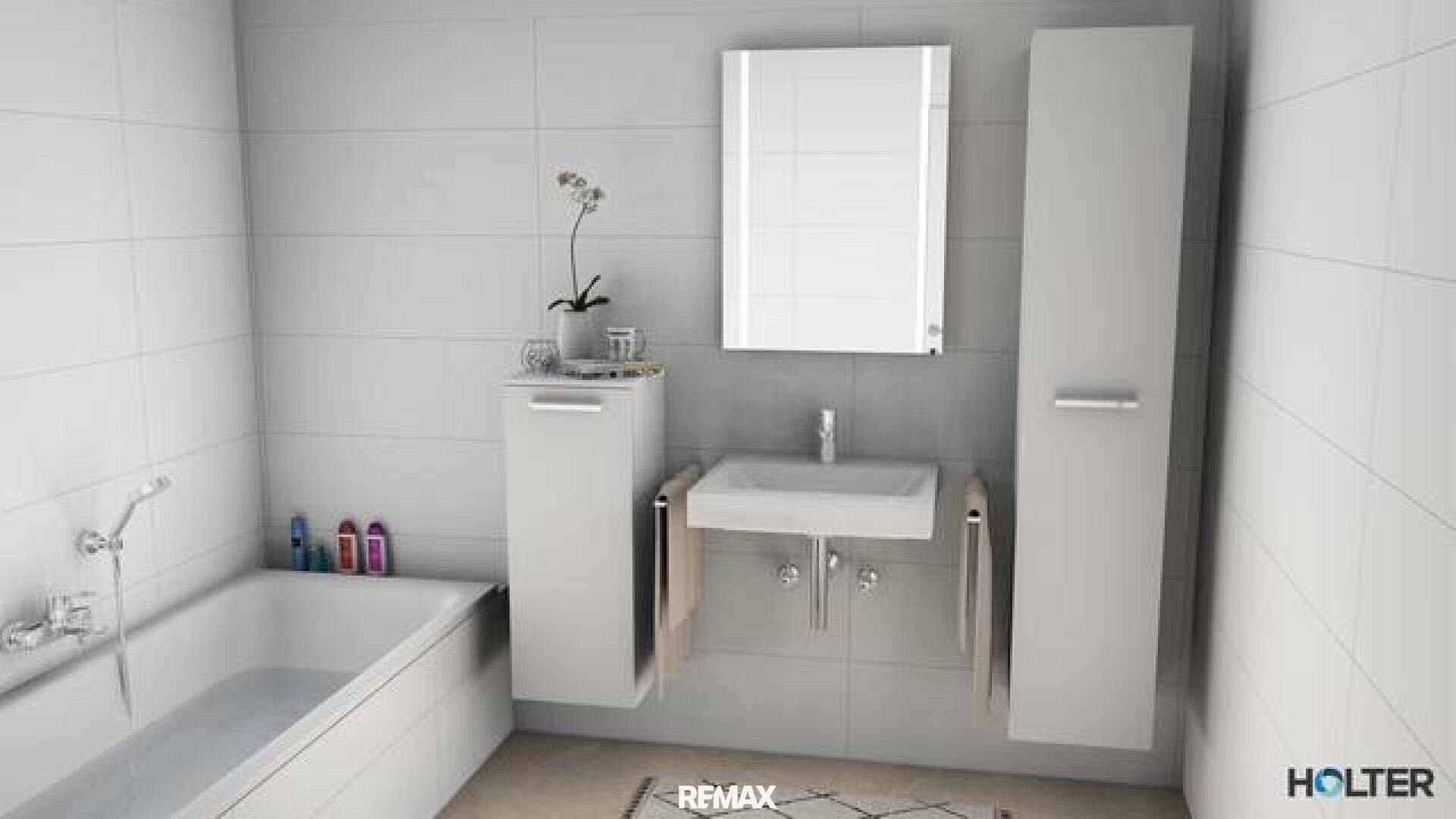 Helles Badezimmer mit Badewanne, Waschtisch und Spiegelschrank in minimalistischem Design.
