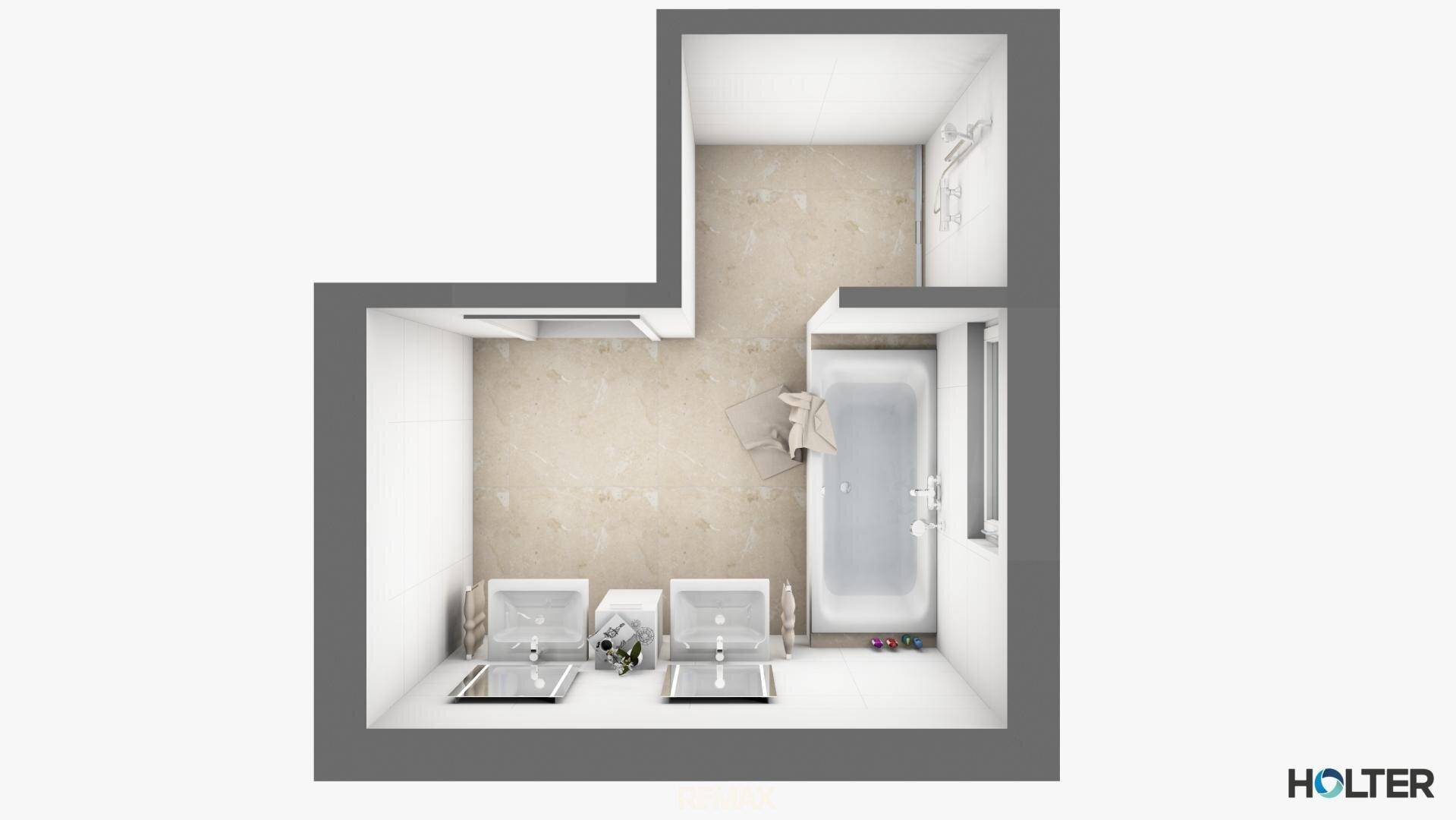 Modernes Badezimmer mit Badewanne, zwei Waschbecken und Duschbereich in Draufsicht.
