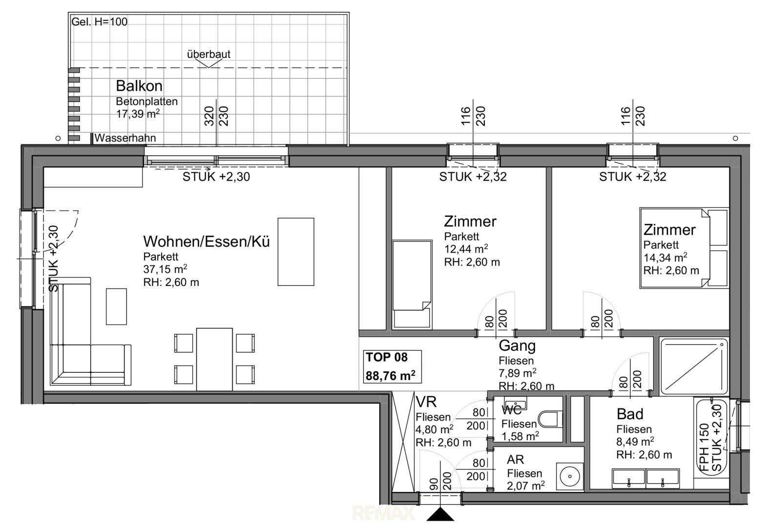 Grundriss einer Wohnung mit offenem Wohn-Essbereich, zwei Zimmern und großem Balkon.