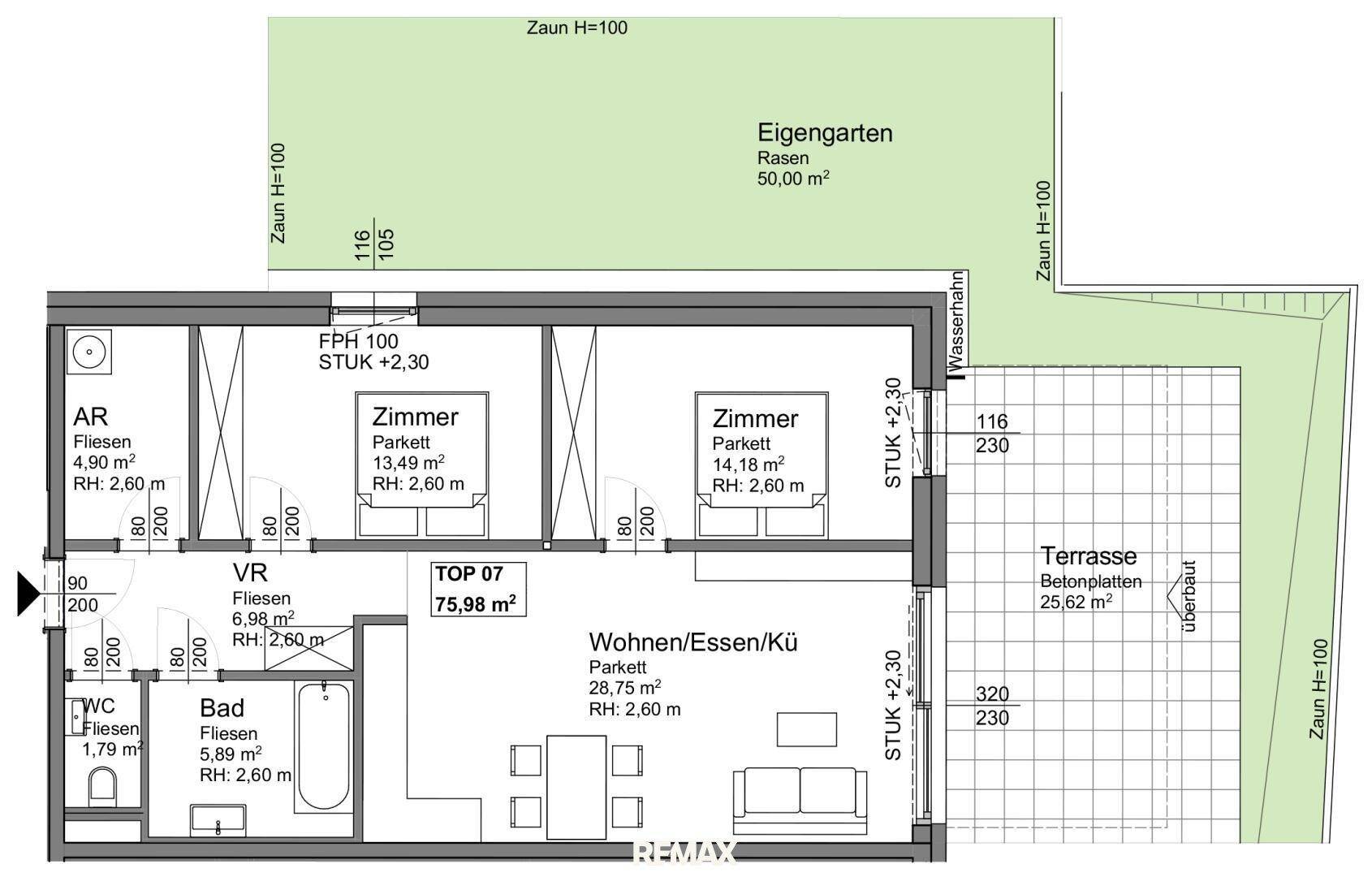 Grundriss einer Wohnung mit zwei Zimmern, offenem Wohn-Essbereich, Terrasse und Garten.