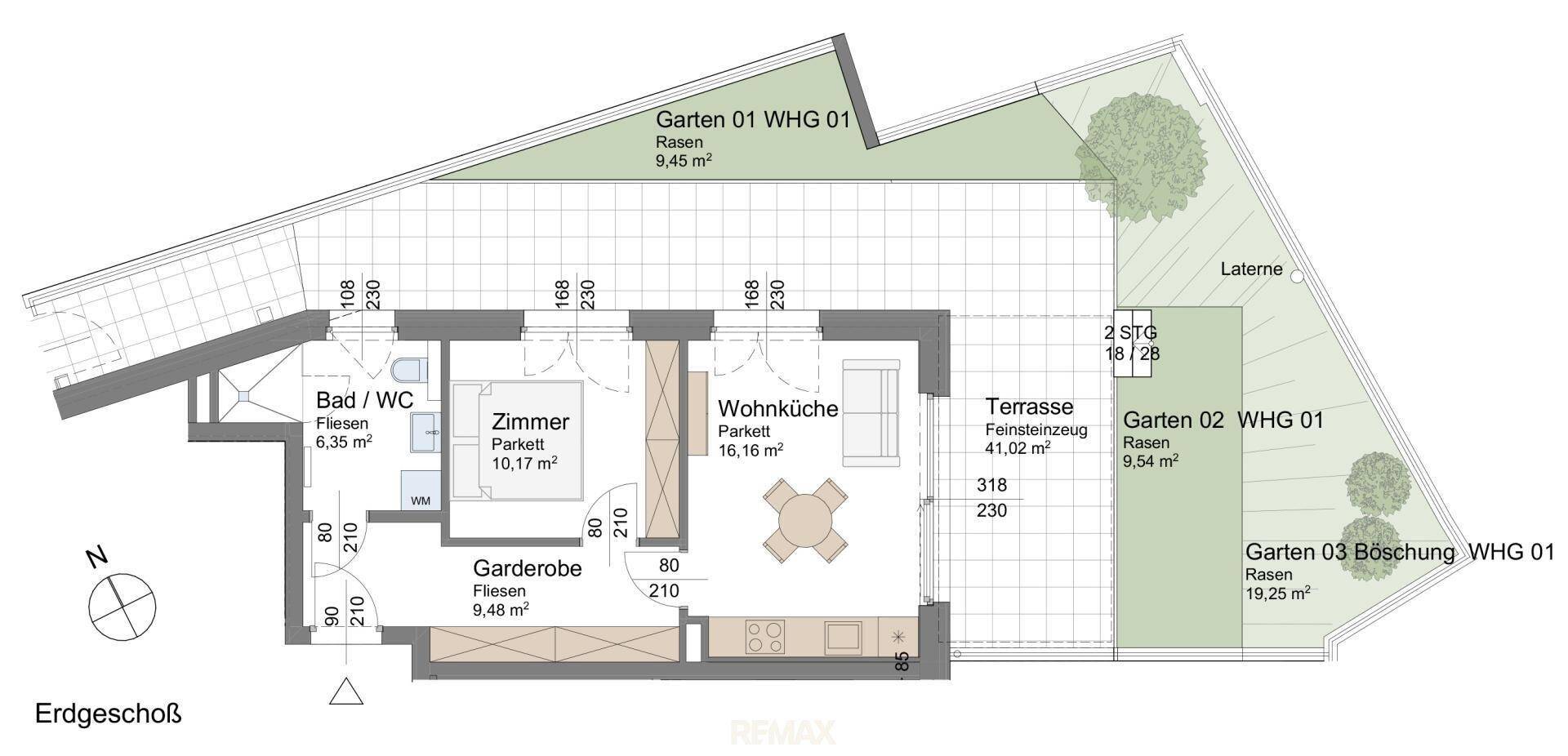 Detaillierter Grundriss einer Wohnung mit Wohnküche, Schlafzimmer und Terrasse.