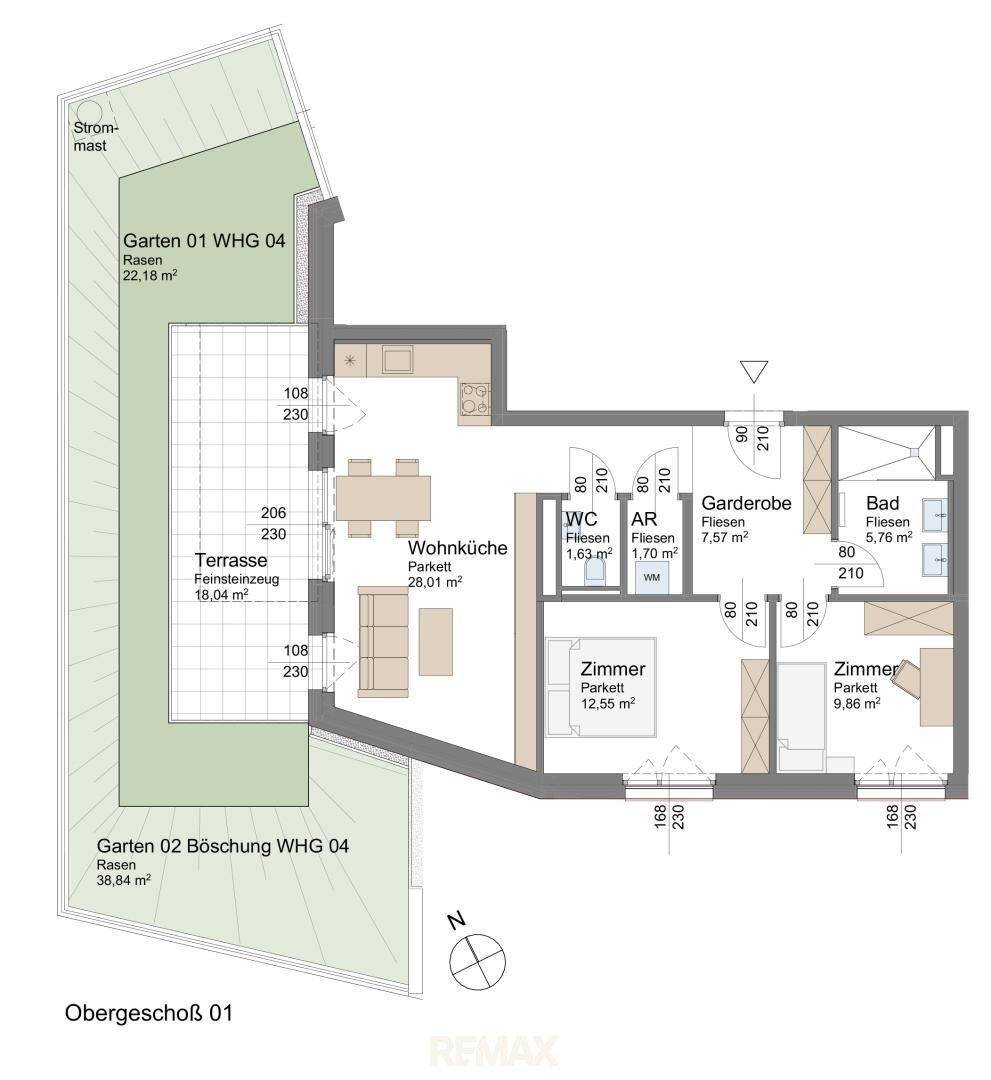 Grundriss des Obergeschosses mit offener Wohnküche, drei Zimmern, Bad, WC, Garderobe, Terrasse und Garten.