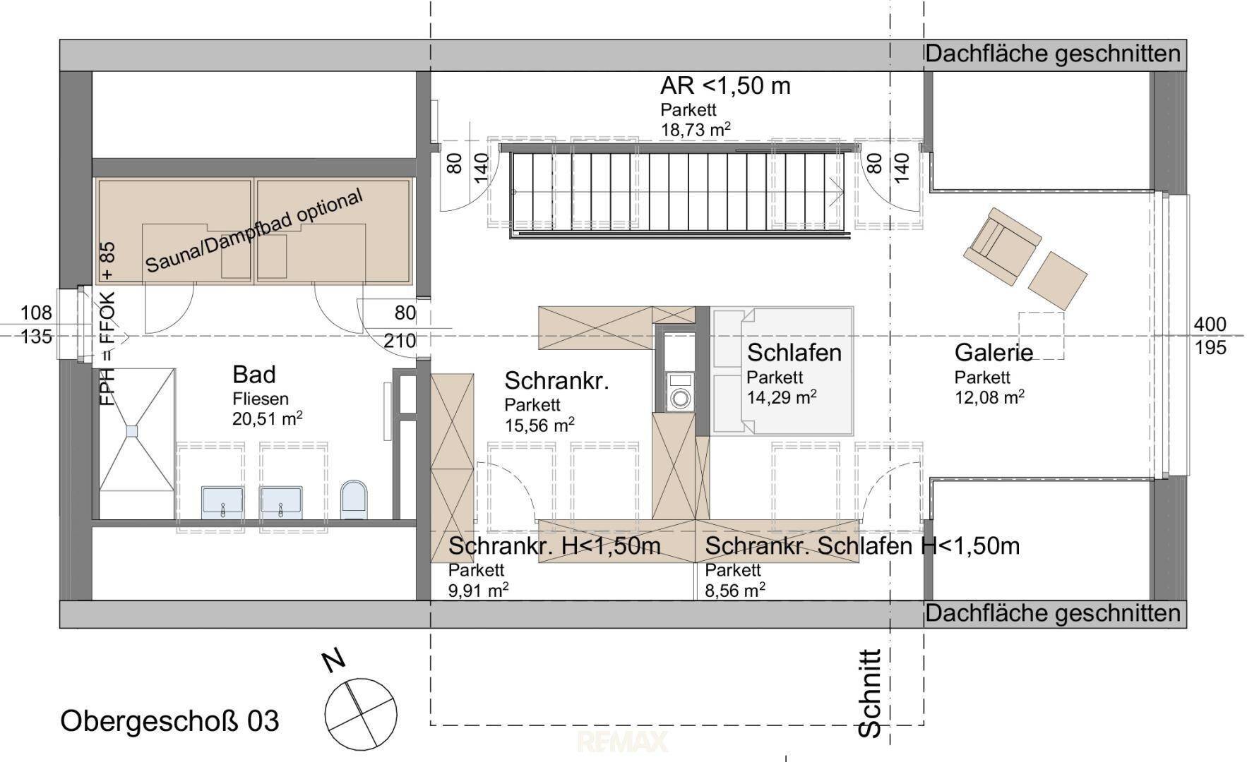 Grundriss des Obergeschosses 03 mit Schlafzimmer, Bad, Galerie und optionaler Sauna.
