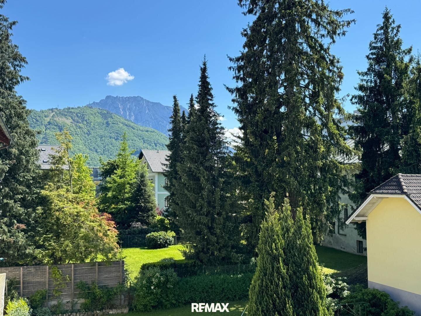 Grüner Garten mit hohen Bäumen und Blick auf die umliegende Berglandschaft unter blauem Himmel.