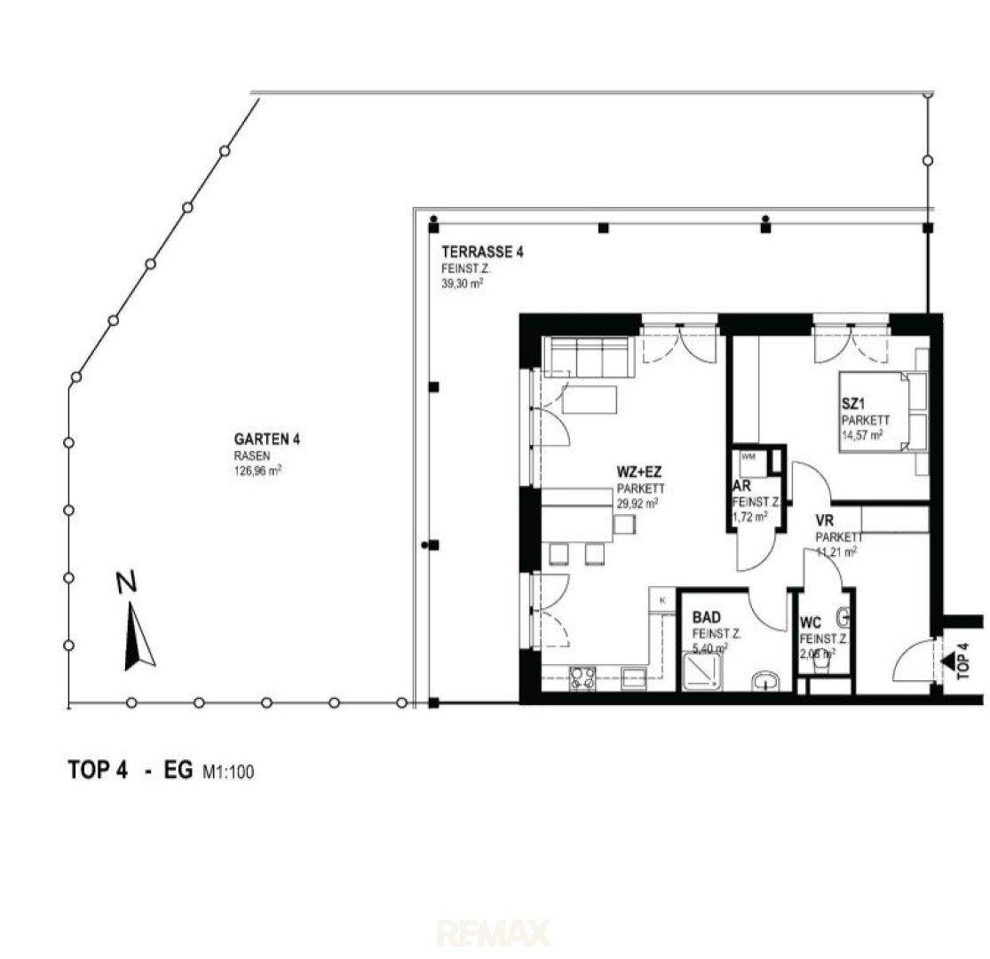 Grundriss einer Wohnung mit Terrasse, Garten, Wohn-Essbereich, Schlafzimmer, Bad und separatem WC.