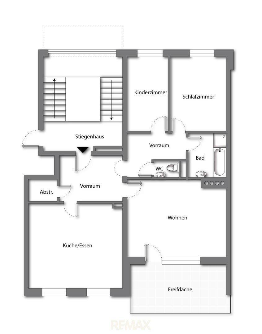 Grundrissplan mit separater Küche, Wohnzimmer, zwei Schlafzimmern und Balkon.