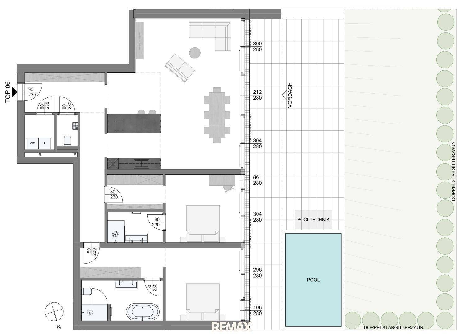 Grundriss einer Wohnung mit offenem Wohnbereich, mehreren Schlafzimmern und großer Terrasse mit Pool.