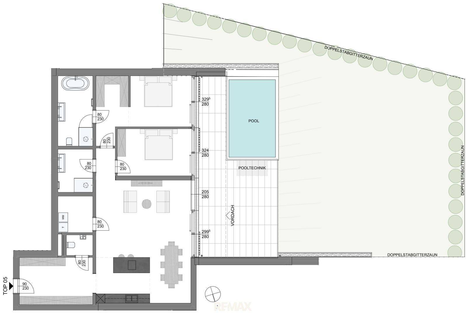 Grundriss zeigt eine moderne Wohneinheit mit drei Schlafzimmern, offenem Wohnbereich und privatem Pool.