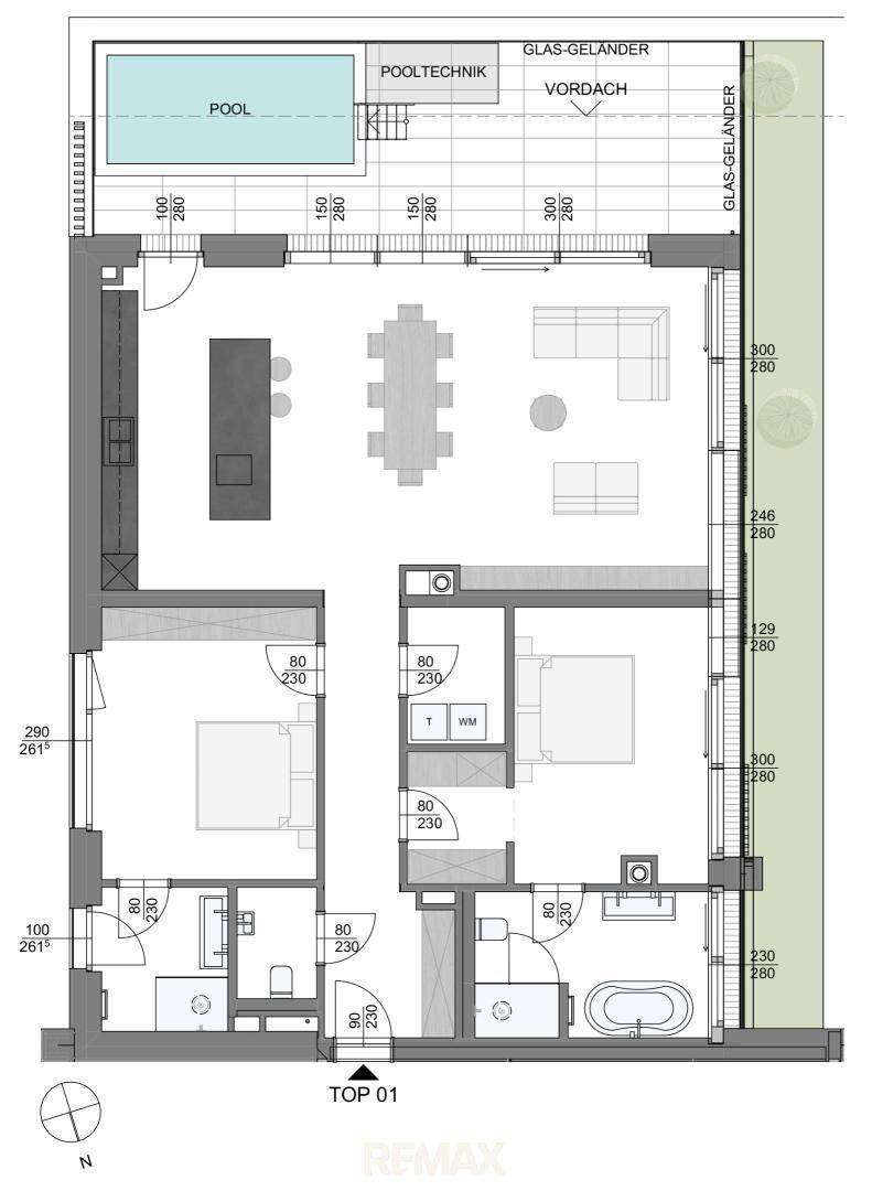 Detaillierter Grundriss mit offenem Wohnbereich, Schlafzimmern und einem Pool auf der Terrasse.