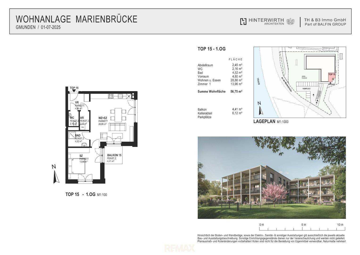 Grundriss einer Wohnung mit Balkon und separatem WC, ergänzt durch eine Gebäudevisualisierung.