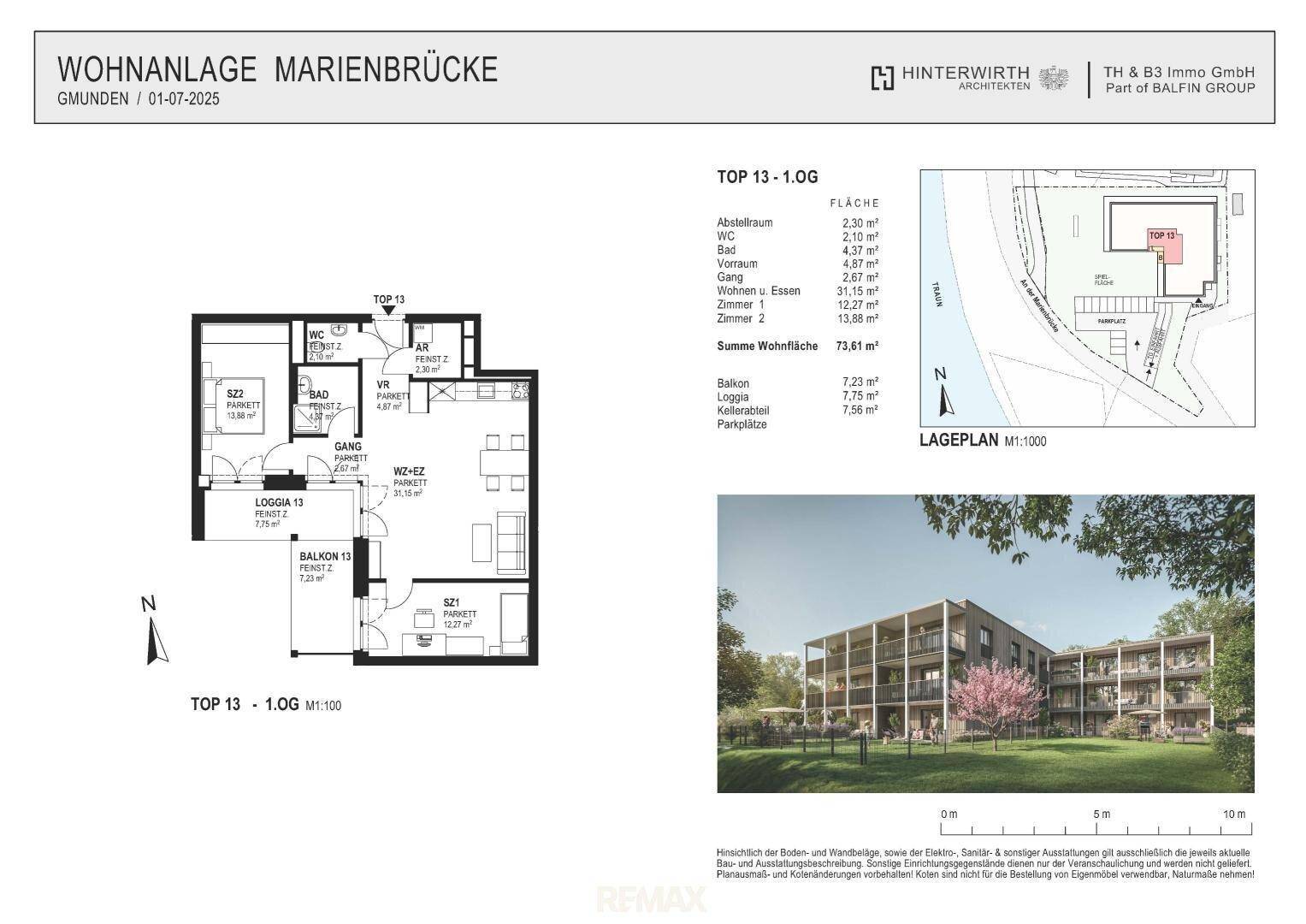 Grundriss einer Wohnung mit offenem Wohnbereich, Balkon und Loggia.