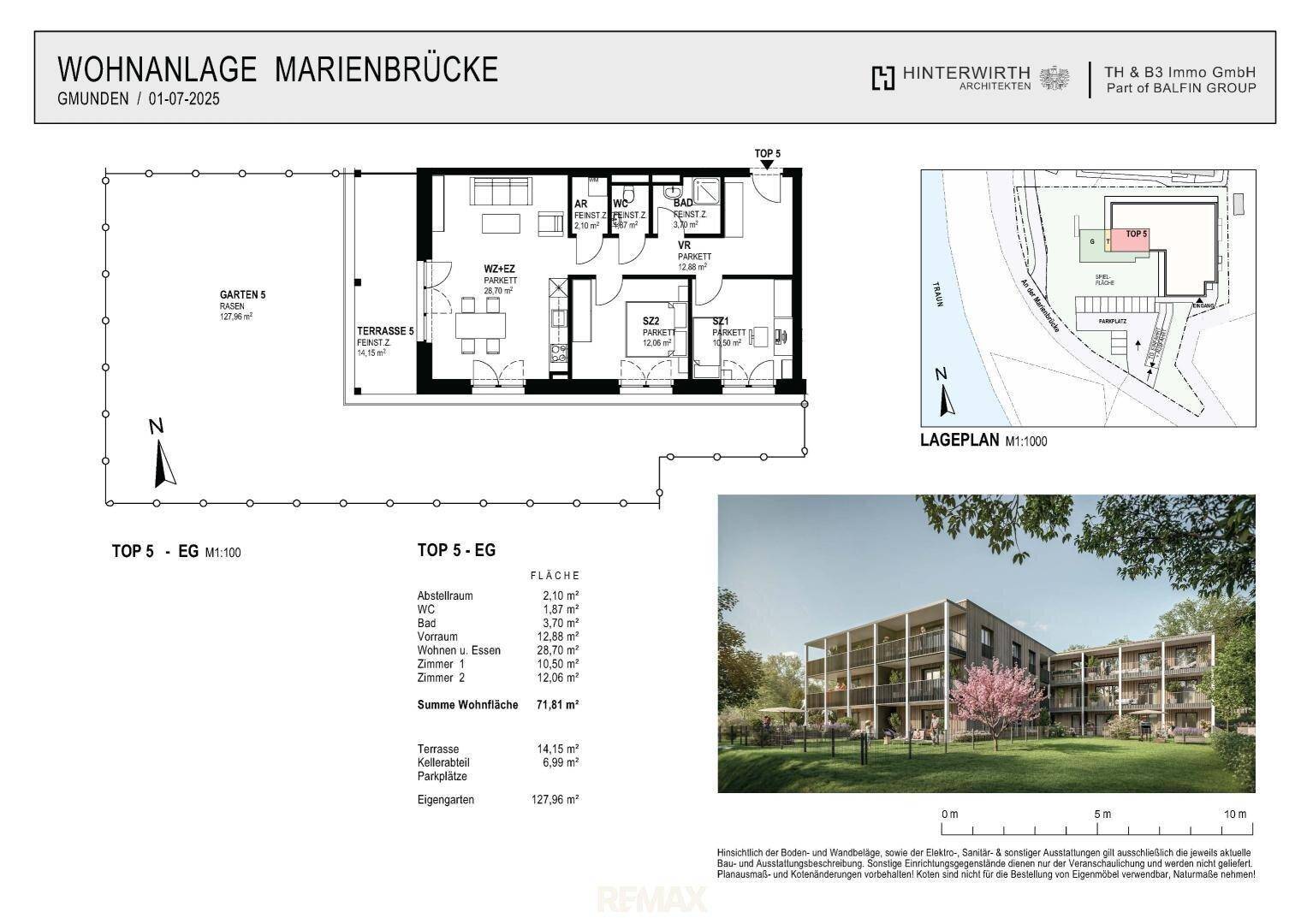Grundriss einer Wohnung mit offener Raumaufteilung, Terrasse und privatem Gartenbereich.